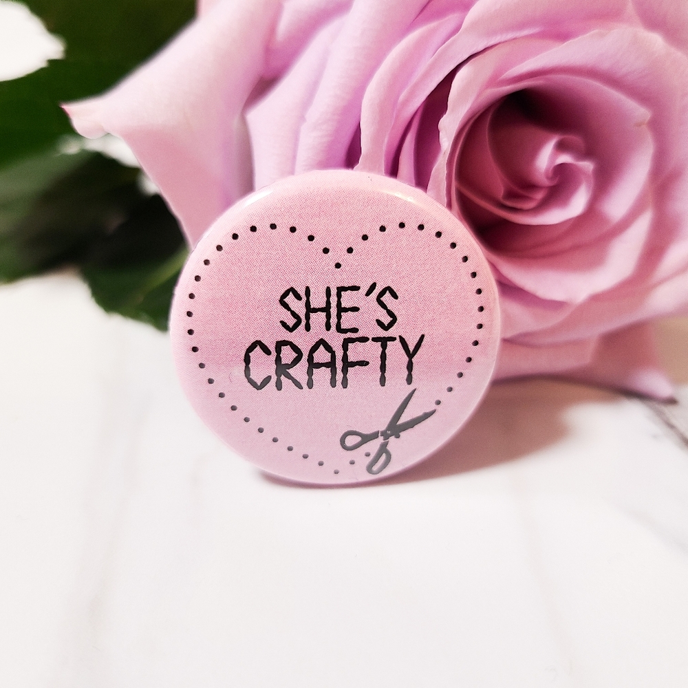 "She's Crafty" Heart with Scissors Button